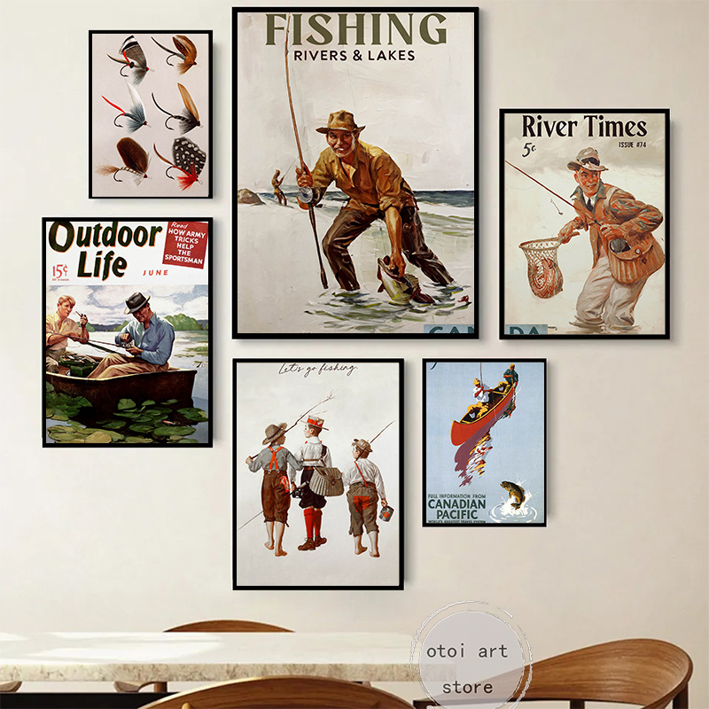Outdoor Hunting Paintings - Vintage Fishing Retro Travel Outdoor Sports